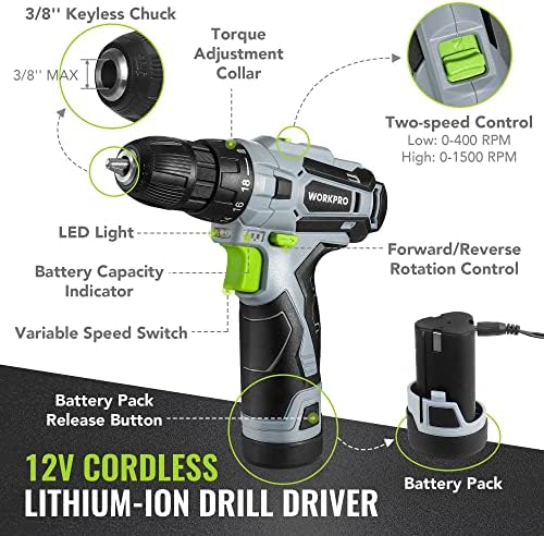 WORKPRO 12V Cordless Pink Drill Set for Women, Home Tool Kit with Tool box