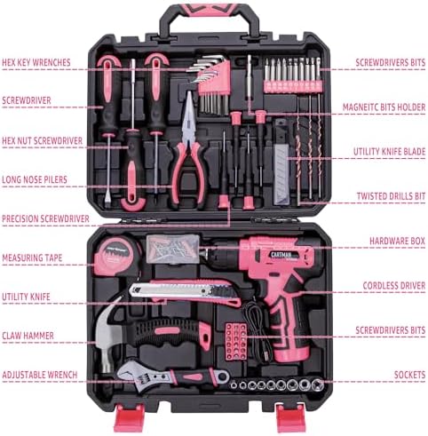 CARTMAN 150-Piece 8V Cordless Drill Hand Tool Set Pink Household Repair Kit