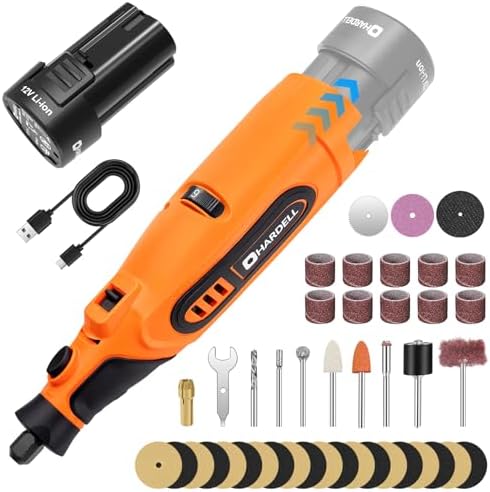 HARDELL 12V Cordless Rotary Tool Kit 6-Speed 10000-25000RPM 43 Pcs Orange
