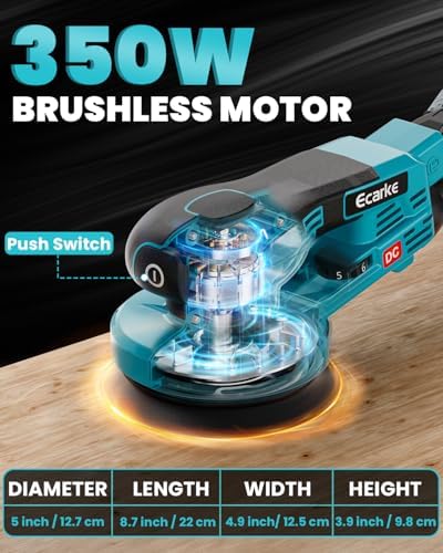 Ecarke 5-Inch Random Orbital Sander Compatible with Makita 18V Battery, 350W Brushless Palm Sander, 12,000 RPM 6 Variable Speed with 20PCS Sandpapers, Dust Bag for Woodworking, No Battery