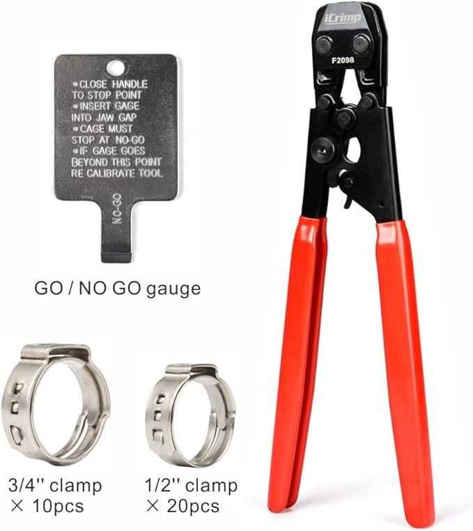 IWISS PEX Cinch Clamp Crimping Tool for Stainless Steel Clamps from 3/8-inch to 1-inch with Calibration Gauge 20pcs 1/2-inch and 10 pcs 3/4-inch Clamps Suit ASTM F2098 Standards
