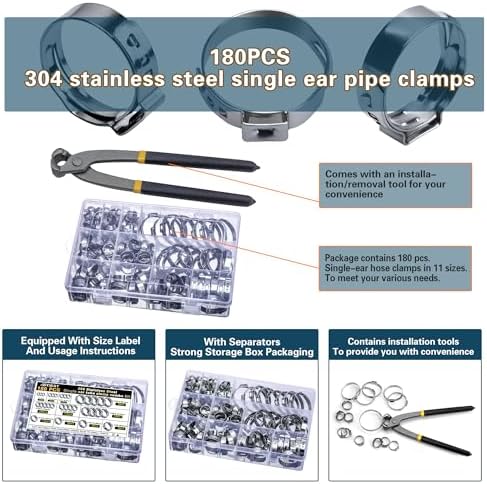 ASKWAY Single Ear Hose Clamp 6-36Mm 180 Pcs 11 Sizes, 304 Stainless Steel Stepless Hose Clamp, Suitable For Pex Pipe Connection, Automotive, Pipeline, Garden And Industrial Use