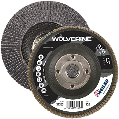 Weiler 31353 Wolverine 4-1/2" x 5/8"-11 UNC NUT Abrasive Flap Disc, 120 Grit Zirconia Alumina, Bevel Type 29, Phenolic Backing, Standard Density (Pack of 10)