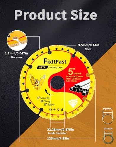 FIXLTFAST Diamond Metal Cutting Wheel 5 x 7/8" for Angle Grinder - 2PCS
