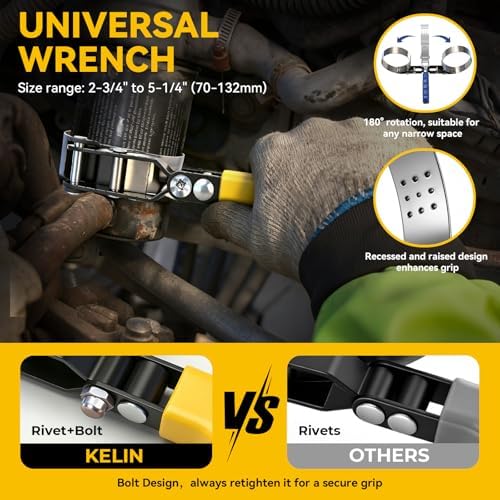 KELIN Oil Filter Wrench Set 8PCS, 9"&12" Oil Filter Pliers | 4 Swivel Band Wrenches (2-3/4" to 5-1/4") | 3-Jaw Universal Adapter for 3/8" 1/2" Ratchet, Oil Filter Removal Tool for Car Truck SUV ATV