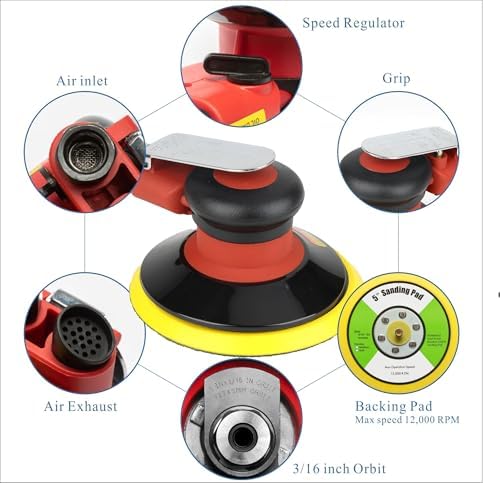 6 inch Air Random Orbital Sander, MAX 12000 RPM 3/16" Orbit Heavy Duty Dual Action Pneumatic Palm Sander, for Auto Body Woodworking Metal, with 10 Sandpapers & Extra Backing Pad