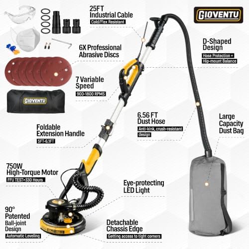 Electric Drywall Sander with Vacuum, 750W 7A, 26' Cord for Ceiling & Wall
