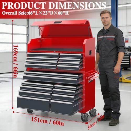 LARBANKE 60'' Rolling Tool Chest Combo, 18-Drawer Heavy Duty Steel Tool Cabinet with Power Outlet, Locking System & Wheels, Mobile Tool Box Organizer for Garage, Workshop, Mechanic & DIY Home Use