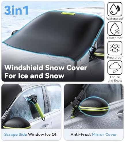 Nmoiss-3-in-1 Windshield Snow Cover for Ice & Snow Frost — 600D Heavy Cover & Ice Scraper Complete Winter Protection with 360° Windproof Design and Multi-Layer Winter Car Kit for Cars, Trucks, SUVs