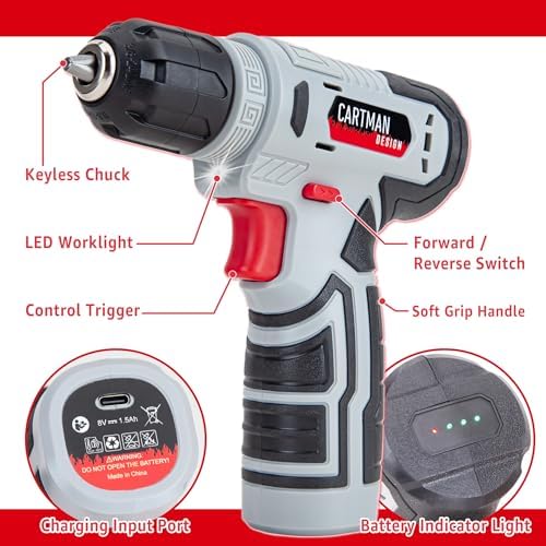 CARTMAN 150-Piece 8V Cordless Drill Hand Tool Set, Red Household Repair Kit