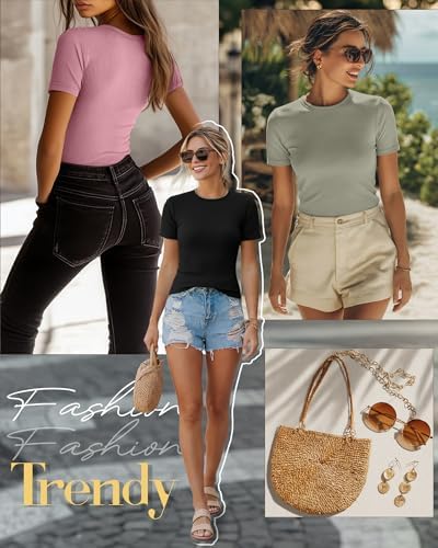 Ficerd 3 Pack Women's Ribbed Short Sleeve T-Shirts