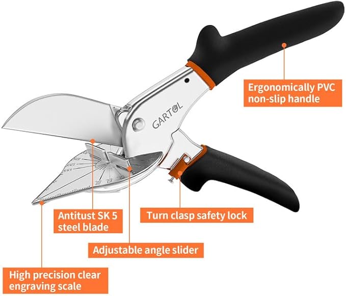 GARTOL Miter Shears, 45°-135° Adjustable Angle Cutter for Shoe Moulding, Quarter Round and PVC, SK5 Steel Trim Scissors (Tool Only)