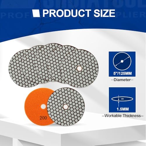 SHDIATOOL 5 - Inch Dry Diamond Polishing Pads Grit 200 for Granite Marble Quartz(7-Pack)