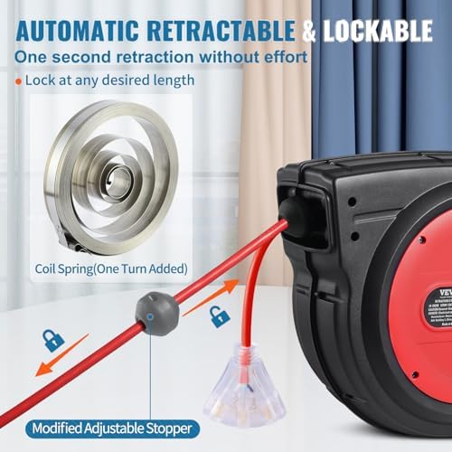 VEVOR 80FT Retractable Extension Cord Reel, Heavy Duty 12AWG/3C SJTOW Cord