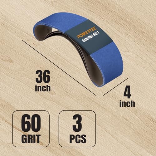 POWERTEC 3PK 4x36 Sanding Belts, 60 Grit Zirconia, 4 x 36 Inch Sanding Belts for Benchtop Belt and Disc Sander, Belt Sandpaper for Woodworking, Metal Grinding, Deburring, Rust Removal (443606Z-3)