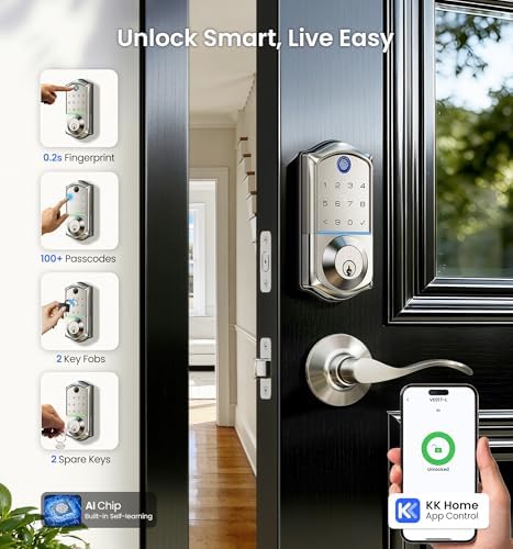Veise VE017-L Fingerprint Smart Lock with 2 Lever Handle Set, Satin Nickel | App Control, Remote Access Sharing, Key Fob, Auto Lock, Backlit Touchscreen Keypad Deadbolt, IP55 Waterproof, for Front Door