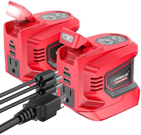 LIVOWALNY 220-250W Power Inverter Compatible with Milwaukee 18V Battery - DC 18V to AC 110-120V Power Station with 1 AC Outlet - 2 USB 1 Type-C & LED Light for Camping Power Outage - Tool Only(2 Pack)