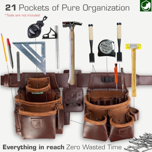 STRONGLAD Framing Tool Belt - 21-Pocket Full-Grain Oil-Tanned Leather Carpenter Tool Bags, Construction Tool Belt with Hammer Holder