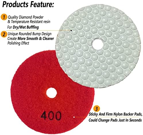 16 Packs Dry Diamond Polishing Pads Grit 400, 4 Inch Dry/Wet Granite Sanding Pad for Bufffing Marble Quartz Concrete Stone Tiles Used for Grinder Polisher Drill