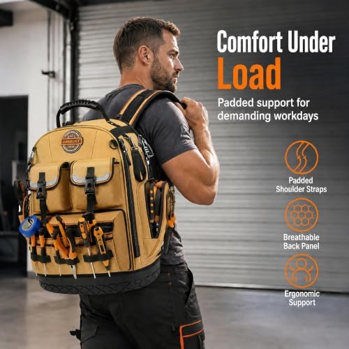 LOKASS Tool Backpack Heavy Duty, 18.5 in, 56 Pockets, Molded Bottom, Brown