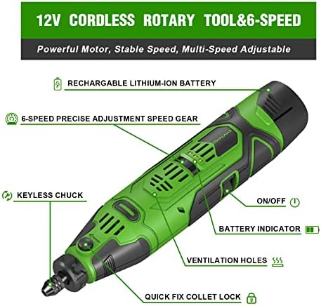PHALANX 12V Cordless Rotary Tool Kit with Keyless Chuck, 6-Speeds 5000-32000RPM, 119 Accessories with Flex Shaft, Idea for Cutting, Grinding, Wood Carving- Include 2.0AH Battery, Charger (Renewed)