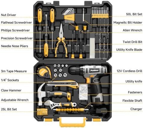 PULITUO 12V Yellow Cordless Drill Set, 149-Piece Home Tool Kit with Electric Drill Driver & Storage Tool Box, for Home Repair, Improvement, DIY Projects, Men Women & DIY Enthusiasts