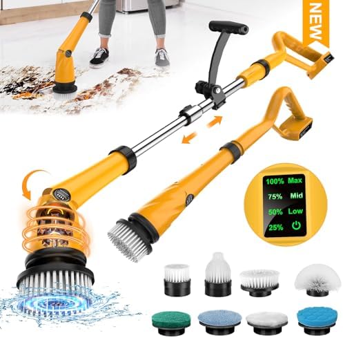1500 RPM Electric Spin Scrubber for DeWalt 20V Battery, Power Shower Scrubber for Bathroom/Floor/Bathtub/Toilet/Tile,Electric Cleaning Brush with Long Handle & 8 Replaceable Brush