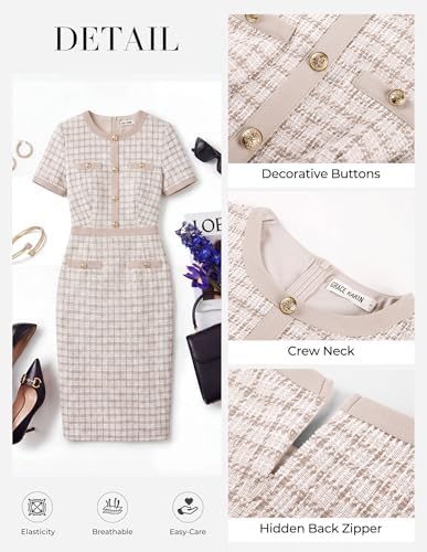 GRACE KARIN Women Work Business Short Sleeve Bodycon Tweed Dress