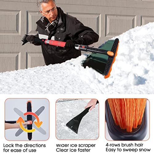 FOVAL 47.2" Extendable Snow Brush and Wider Ice Scraper (4.73" Width) with 360° Pivoting Brush Head, Snow Removal Tool Car Brush with Comfortable Foam Grip for Car Windshield, Trucks, SUVs