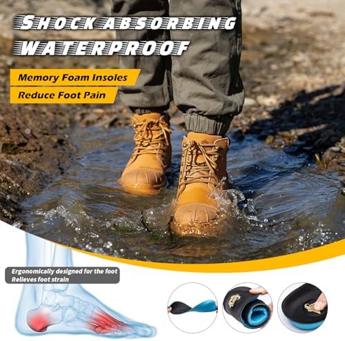 KELODON Waterproof Steel Toe Boots For Men 6 Inch Leather Steel Toe Shoes Non Slip Resistant Safety Work Boots Indestructible Lightweight Construction Boot