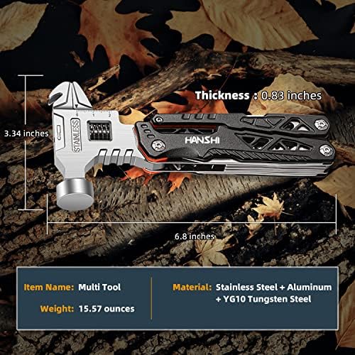 HANSHI Upgraded Adjustable Wrench Multitool Hammer with YG10 Tungsten Steel Replaceable Wire Cutters for Men,18 in 1 Pocket Multi Tool Knife with Spring-Action Pliers for Camping,Survival (Black)