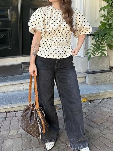 Cicy Bell Women Polka Dot Peplum Blouse Round Neck Puff Sleeve Summer Top