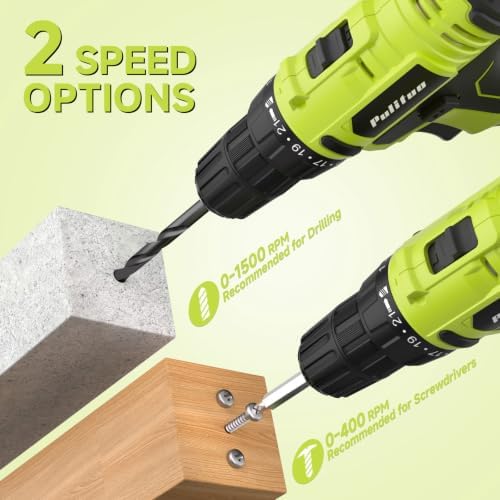 PULITUO 20V Cordless Drill Set, 2 Batteries Electric Screwdriver, 30Nm Power Drill Driver, 21+1 Torque, 2 Speed, 3/8"Keyless Chuck, power Drill with LED Light, Drill Driver Kit for Home (Green)