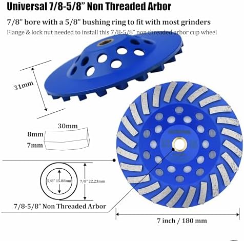 7 in. x 7/8-5/8 in. Non Threaded 24 Segments 7 Inch Concrete Grinding Wheel, Diamond Cup Wheel for Granite Marble Concrete (7/8"-5/8" Non-Threaded)