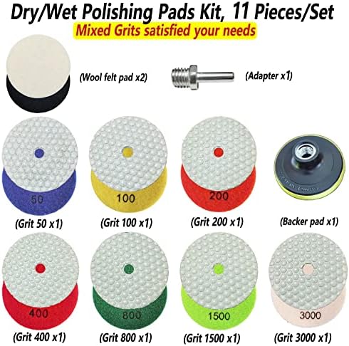4 Inch Dry Diamond Polishing Pads, 11PCS Wet/Dry Granite Stone Buffing Pad Kit for Marble Concrete Quartz Tiles - High Temperature Resistance Sand Pad for Drill Grinder Polisher