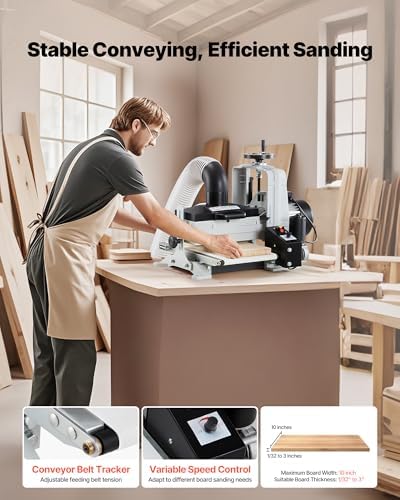 VEVOR 10" Benchtop Drum Sander, 1HP 1725RPM Dual Motor Drum Sander for Woodworking - Variable Speed Conveyor Belt & 4" Dust Collection Port for Cabinet Making & Furniture Finishing