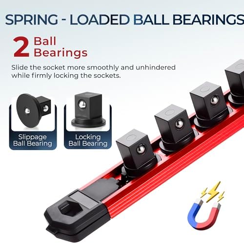 Reniteco Magnetic Socket Organizer, 1/4” Aluminum Alloy Rail, 14 Clips | Heavy-Duty Socket Rails, Removable 360° Swivel ABS Clips, Magnetic Base, Tool Box Drawer or Wall Mount