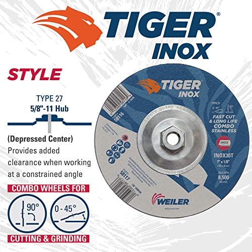 Weiler 58116 7" x 1/8" Tiger INOX Type 27 Cut and Grind Combo Wheel, INOX30T, 5/8"-11" UNC Nut (Pack of 10)