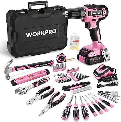 WORKPRO 20V Pink Cordless Drill and 141-Piece Home Tool Kit for Women