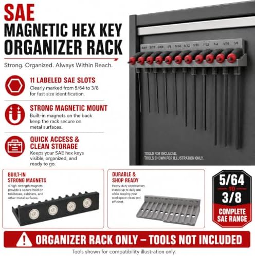 Magnetic T-Handle Hex Key Organizer Rack - Wrench Organizer for Garage, Tool Cart, or Workshop – Compatible with Toolboxes and Storage Systems - sae/metric/torx (SAE)
