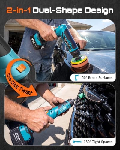 Seesii 21V Cordless Mini Car Polisher, 2-in-1 Dual Head Portable Polishing Machine with LCD 6 Speed & 2x4000mAh Batteries, Compatible with 1.5/2/3 Inch Replaceable Pads for Auto Detailing, Polishing