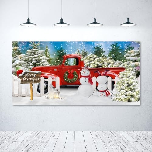 Merry Christmas Backdrop 20x10ft Winter Christmas Snowman Red Truck Backdrop Winter Forest Photography Background Xmas Theme Party Decorations Studio Photo Booth Props