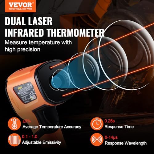 VEVOR Infrared Thermometer, -40°F~2732°F Dual Laser Temperature Gun Non-Contact, Handheld IR Heat Temperature Gun & Adjustable Emissivity for Metal Smelting/Cooking/Pizza Oven/Engine (Not for Human)