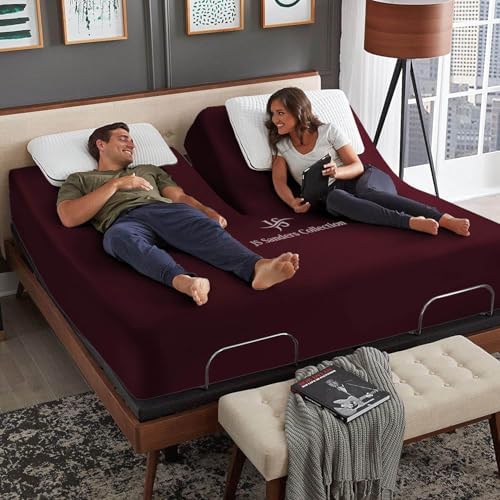 JS Sanders Collection 600TC Flex Top Cal-King Sheets for Sleep Number Bed - 100% Cotton 4 Pcs Top Split Sheets for Adjustable Bed, Cal-King 34 Inch Down Wine -18 Inch Deep