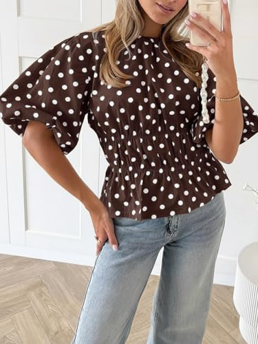 Cicy Bell Women Polka Dot Peplum Blouse Round Neck Puff Sleeve Summer Top