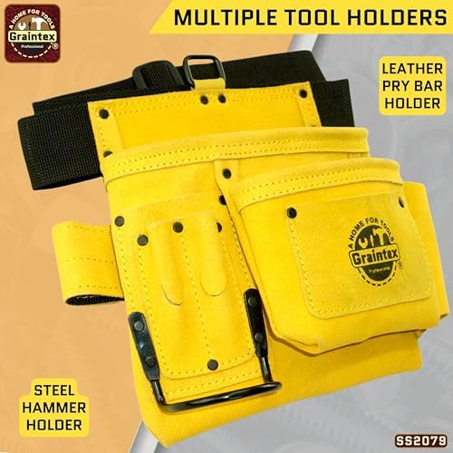 Graintex 5 Pocket Suede Leather Tool Belt/Bag, Multipurpose Leather Tool Belt for Women and Men, Ideal for Construction, Electrician, Handymen, Carpenter, Gardening Pouch & DIY Projects