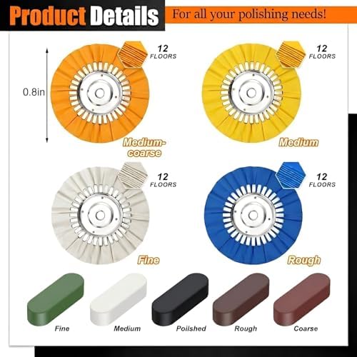 8" Airway Buffing Wheel, 9PCS Aluminum Polishing Wheel Kit for Angle Grinder, 4PCS Airway Buffing Wheels (5/8" Arbor) + 5PCS Polishing Compound Bars, Mirror Finish Metal Polishing & Detailing Kit