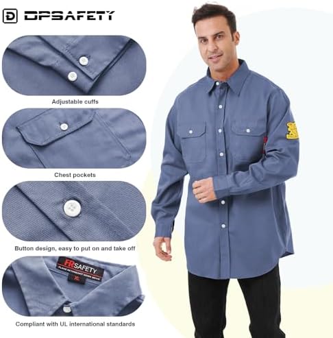 FR Shirts for Men 7oz Hi Vis Fire Resistant Shirts CAT2 Welding Shirt 100% Cotton Flame Resistant Shirt Light Blue(Large)