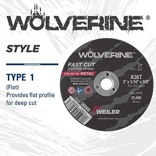 Weiler 56068 3-Inch Cutting Wheel, Wolverine AO Steel/Metal Fast Cut, Value Cutting, 1/16" A36T Type 1 3/8" Arbor (Pack of 100)