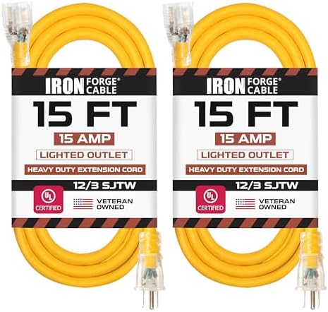 Iron Forge Cable Lighted Outdoor Extension Cord 15 ft 2 Pack - 12 Gauge 15 Amp Heavy Duty Power Extension Cords - SJTW - Great for Major Appliances, Power Tools, Garden Supplies - Yellow